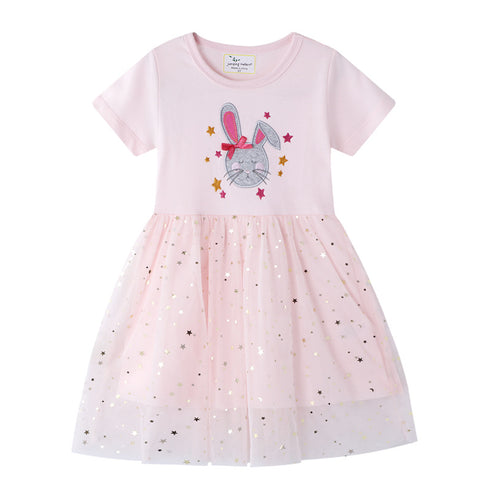 Girls' Dress Spring And Summer European And American Style Cartoon Embroidered Mesh Dress
