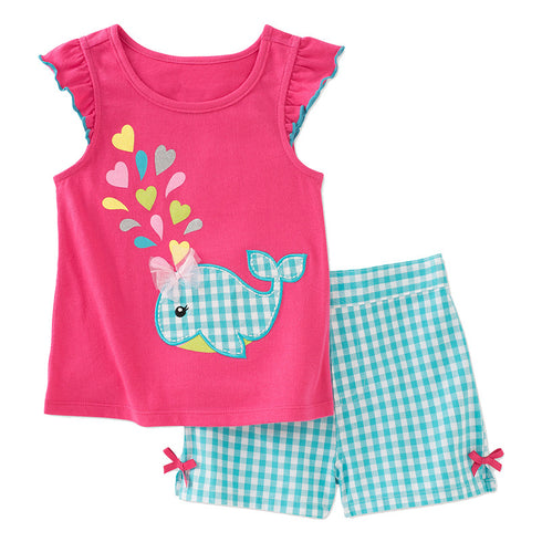 Summer New European And American Style Girls Suit Knitted Cotton Girls Short Sleeve Suit Two-Piece Set