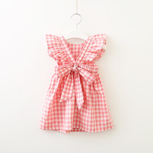 Summer New Girl's Back Bow Dress Backless Fly Sleeve Plaid Princess Dress