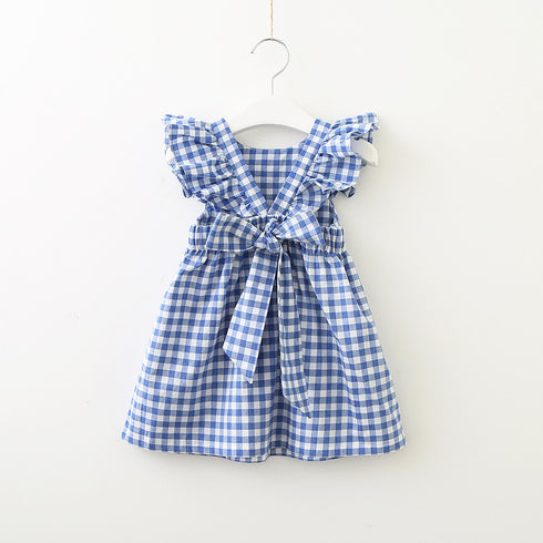 Summer New Girl's Back Bow Dress Backless Fly Sleeve Plaid Princess Dress