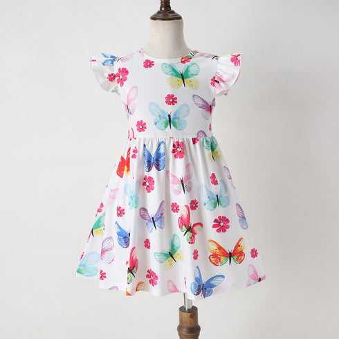 Toddler Girl Dinosaur Rainbow Cactus Print Short-sleeve Dress