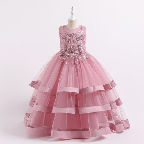 Flower Princess Dress Lace Beaded Multi-Layer Satin