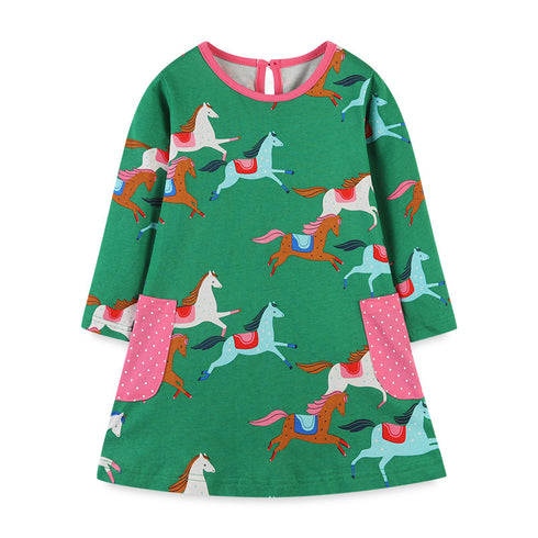 Autumn New Girl Dress European And American Style Cartoon Printing Princess Dress Knitted Cotton Pocket Children's Dress