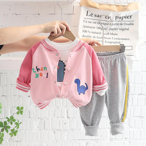 Small Dinosaur Round Neck Baseball Suit Three Piece Set Baby Sports Pants Set