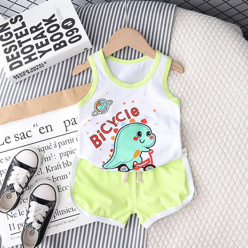 Cartoon round neck sleeveless vest set sports shorts two-piece set