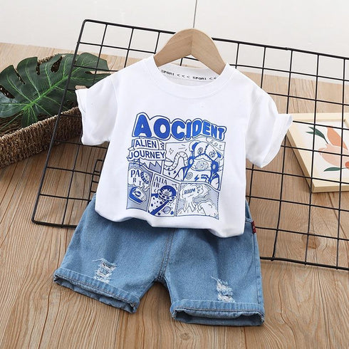 Boys summer suit short sleeve denim shorts two-piece set