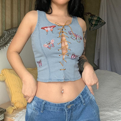 Butterfly Embroidery Denim Bandage Vest Round Neck Blouse