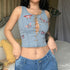 Butterfly Embroidery Denim Bandage Vest Round Neck Blouse