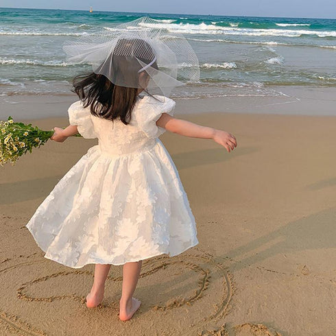 Girl's Summer Printed Bubble Sleeve Sweet Princess Dress