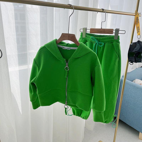 Girls Spring And Autumn Hooded Cardigan Sweater Suit