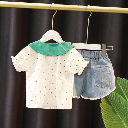 Summer Baby Doll Shirt + Denim Shorts Two Piece Set