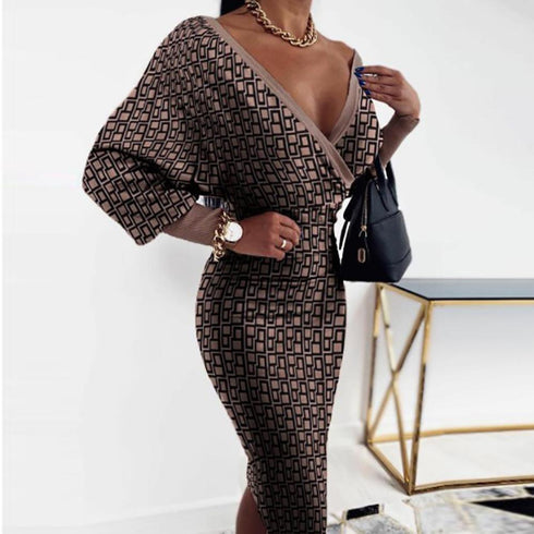 Long sleeve check one-step skirt V-neck hip dress