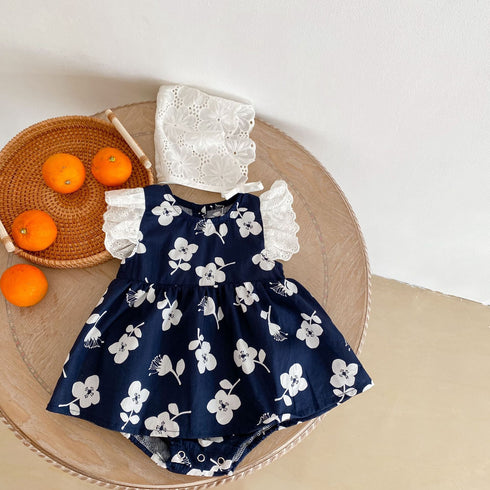 Cotton Large Flower-Print Flying Sleeve Triangle Ha Skirt Jumpsuit Climbing Clothing