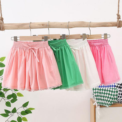 Girls Summer Elastic Bow Lace Shorts
