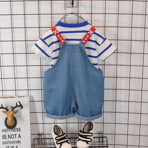 Boy's and girl's striped T-shirt short sleeve denim braces two-piece set