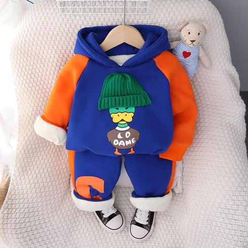 Winter cartoon children plus velvet padded hooded long sleeve pants two-piece set