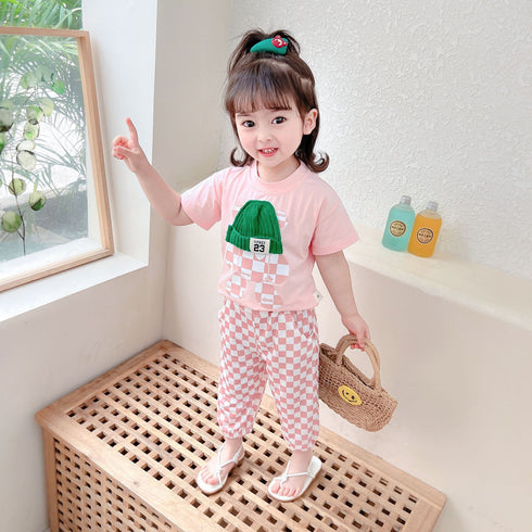 Casual Lattice Round Neck Short Sleeve Suit Baby Mosquito Pants Two-piece Set