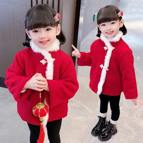 Festival New Year coat winter clothes big red cotton clip plate buckle lamb wool padded sweater cotton-padded jacket