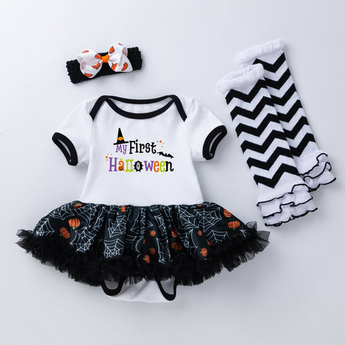 Halloween Baby Dress Printed Net Sand Dress, Exotic Cute Short Sleeved Dress And Socks Set