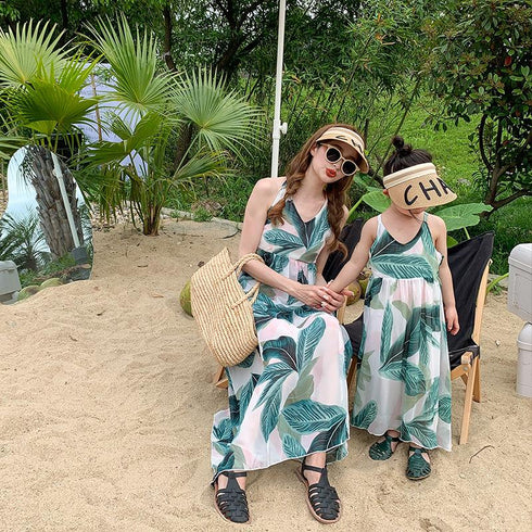 Mommy And I Lace Up Backless Cross Parent-child Holiday Beach Skirt Dress