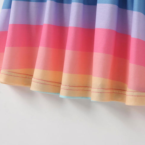 Girls' Flying Sleeve Color Matching Rainbow Stripe Princess Skirt