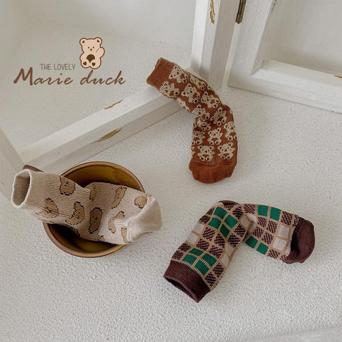 Baby spring and autumn bear plaid socks combed cotton cartoon double needle baby socks