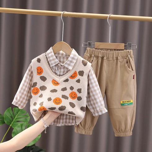 Children spring and autumn long sleeve shirt knitted waistcoat sweater vest set of three