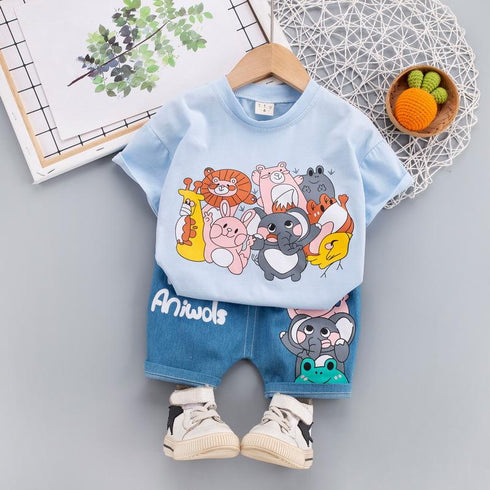 Cartoon Zoo Jeans Casual Two-piece Set