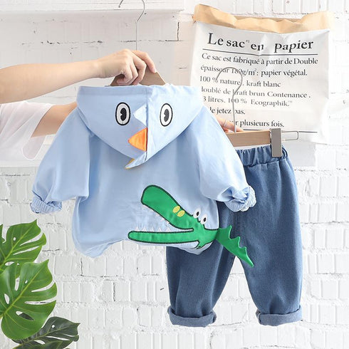 Spring and autumn boys casual hooded zipper shirt three-piece set