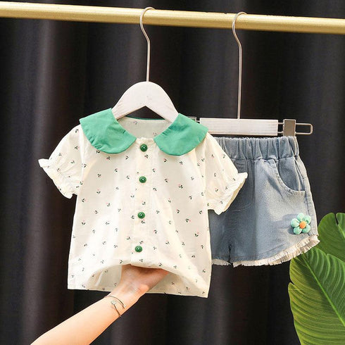 Summer Baby Doll Shirt + Denim Shorts Two Piece Set