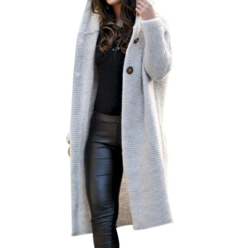 Autumn and winter solid color two-button knit sweater long hooded sweater coat