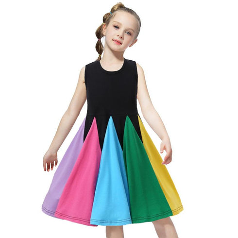 Girls Sleeveless Rainbow Stitching Dress
