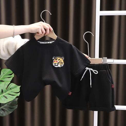 Cartoon Embroidered Tiger Head Short Sleeve T Suit