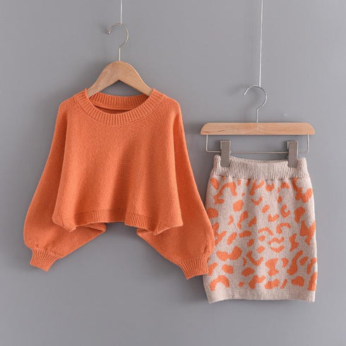 Girl's Spring and Autumn Knit Sweater Two-Piece Set