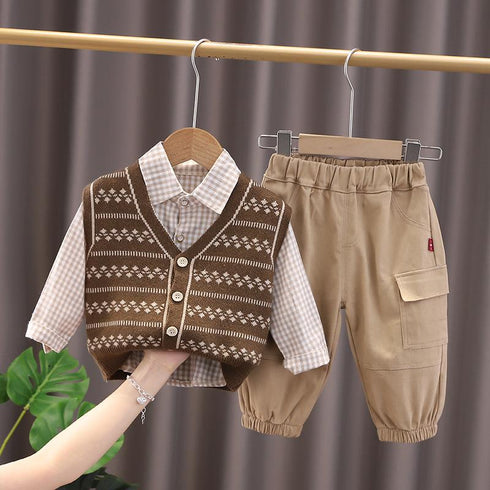 Boys spring and autumn sweater vest shirt three-piece set