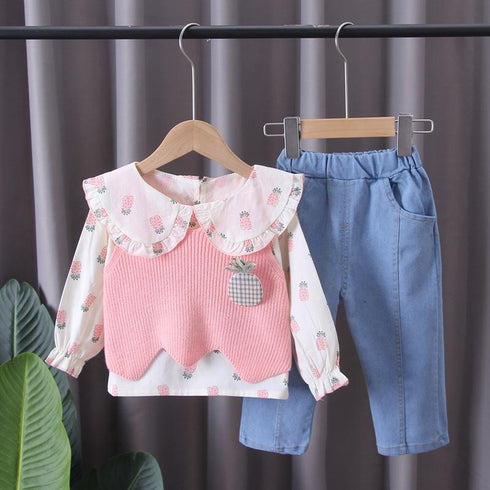 Pineapple Lapel Shirt Long Sleeve Suit Baby Girl Casual Sweater Vest Three Piece Set