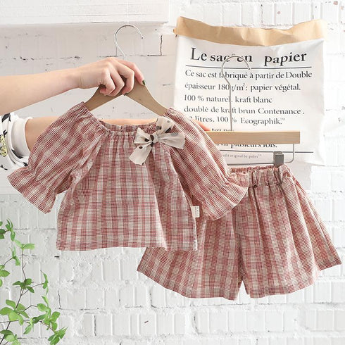Round Neck Plaid Short Sleeve Suit Casual Shorts Two Piece Set