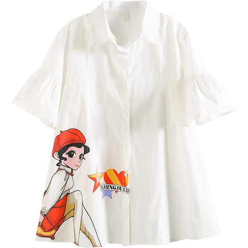 Girls' Graffiti Shirt Collar Lotus Leaf Sleeve Princess Skirt