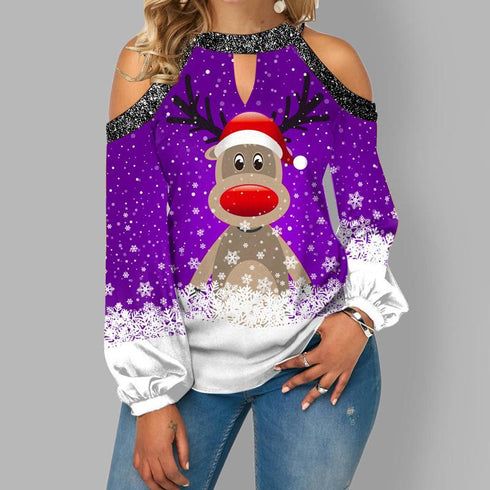 Winter Christmas Sexy Shoulder Top Elk-Print Women's Wear