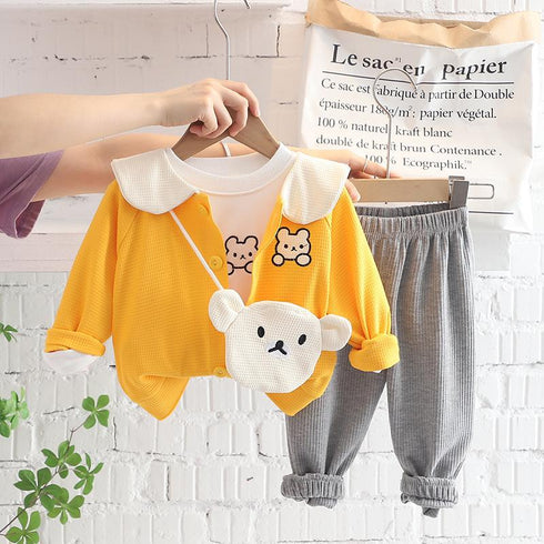 Lapel Rabbit Long Sleeve Three Piece Set Free Satchel