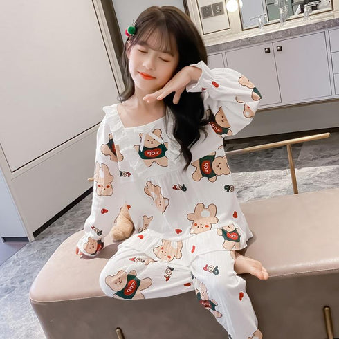 Spring And Autumn Girls Cute Bear Pajamas Set