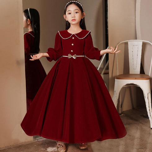 New Year's Christmas Dress Birthday Red Long Sleeve Velvet Princess Paggy Dress