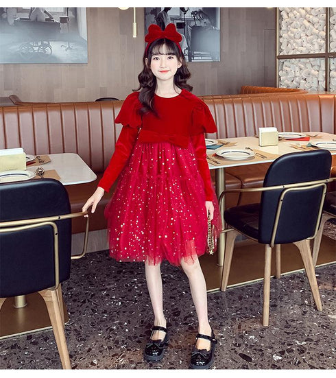 Plus velvet princess dress holiday New Year's awning dress mesh dress