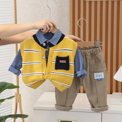 Spring and Autumn Boys Casual Sweater Vest Three-Piece Set