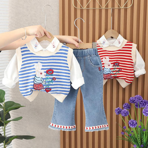 Girls' Casual Sweater Vest LONG SLEEVE Three Piece Set