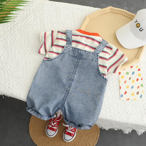 Cartoon Cowboy Suspenders Two-piece Baby Round Neck Striped Short Sleeve Suit