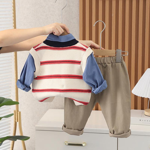 Spring and Autumn Boys Casual Sweater Vest Three-Piece Set