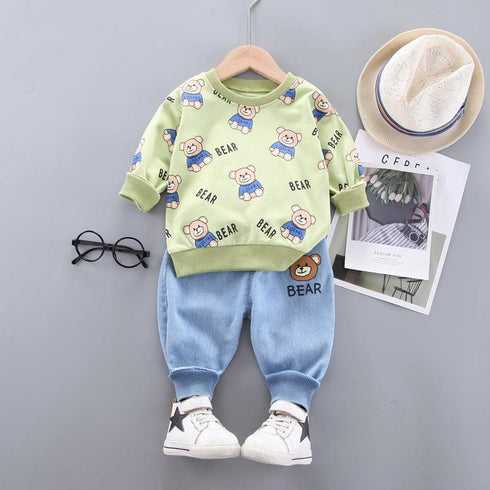 Spring and Autumn Boys Fleece Jeans Set