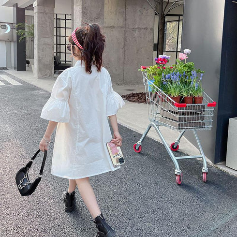 Girls' Graffiti Shirt Collar Lotus Leaf Sleeve Princess Skirt