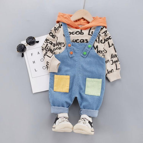 Children's Spring and Autumn Hoodie Denim Strap Pants Two-Piece Set
